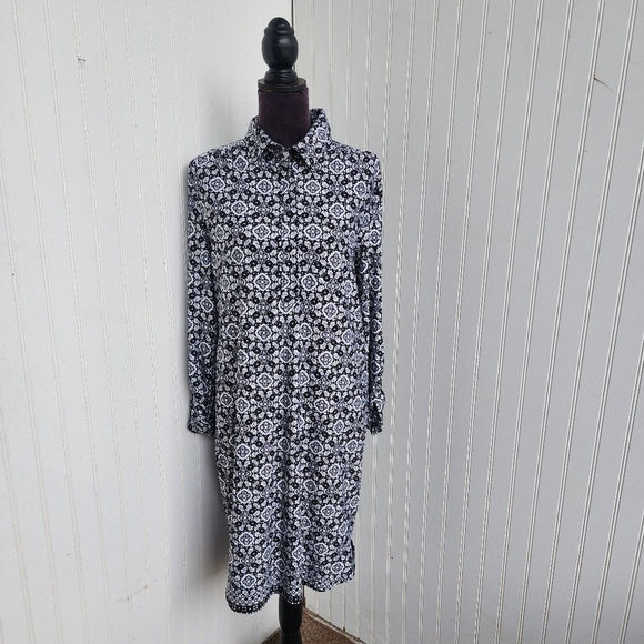 AA Studio Women Black White Abstract Print 1/4 Button Front Dress Stretch Sz 6 - Picture 1 of 15